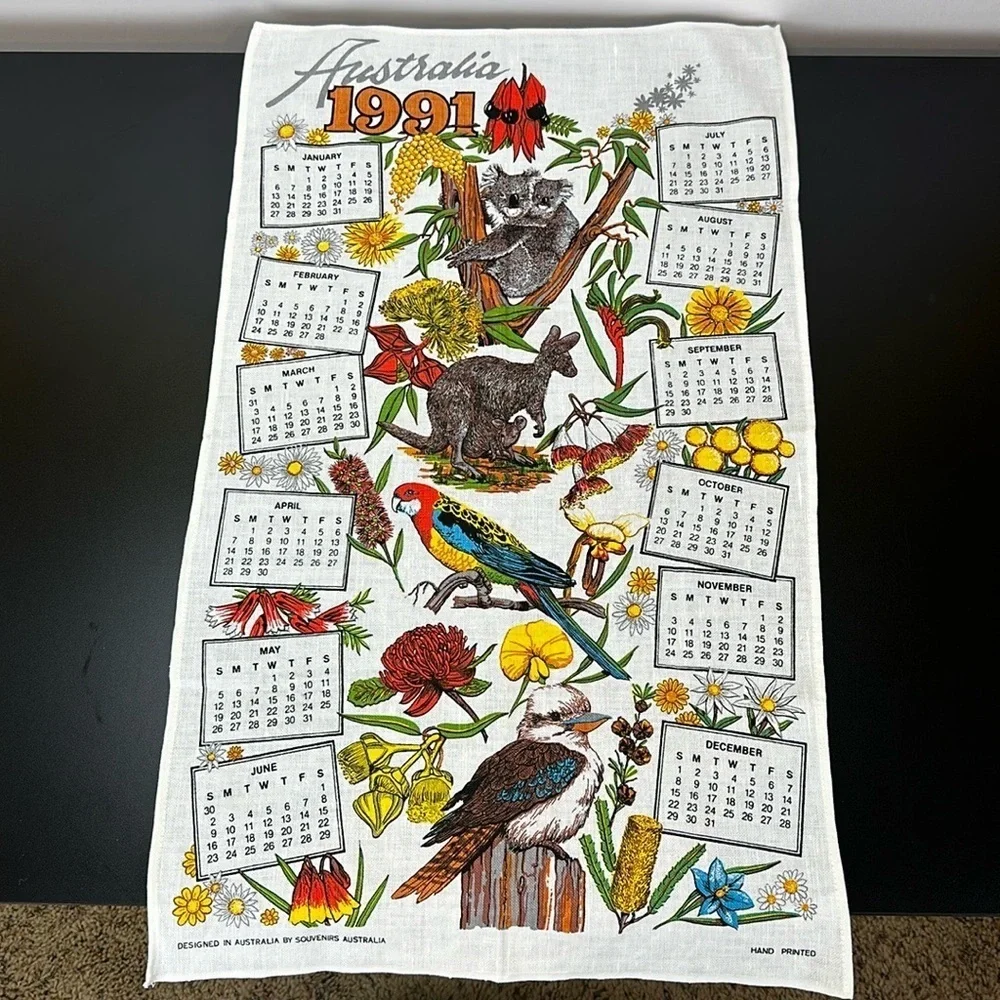 Australia 90s Kitchen Calendar Tea Towel Linen Blend Koala Kangaroo Parrot‎ 1991